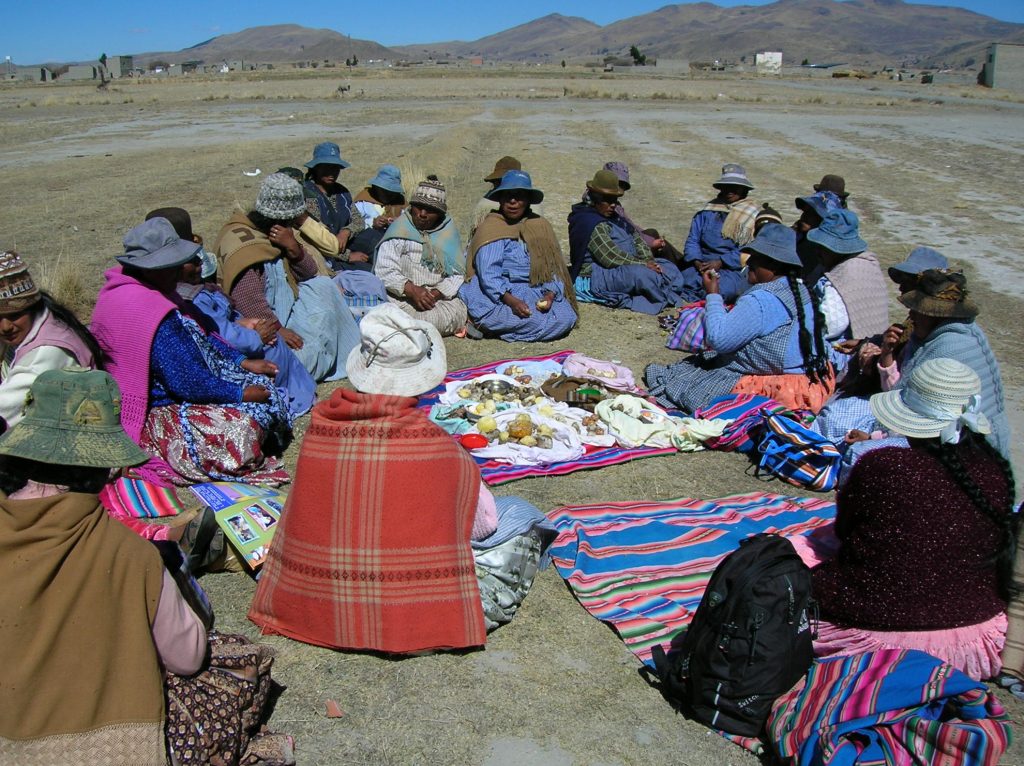 Paysannes aymaras partageant un repas; Altiplano Bolivien