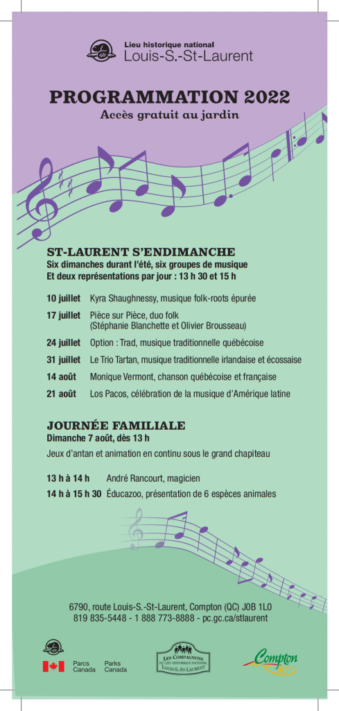 programation d'été au lieu historique national Louis-S.-St-Laurent; activités musicales