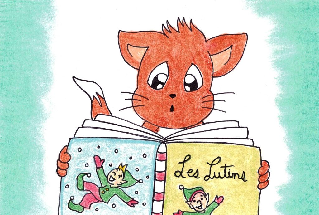 Un chat roux dessiné de manière mignonne lit un livre intitulé 'Les Lutins' avec une expression surprise. Le livre montre une illustration d'un lutin jouant dans la neige.