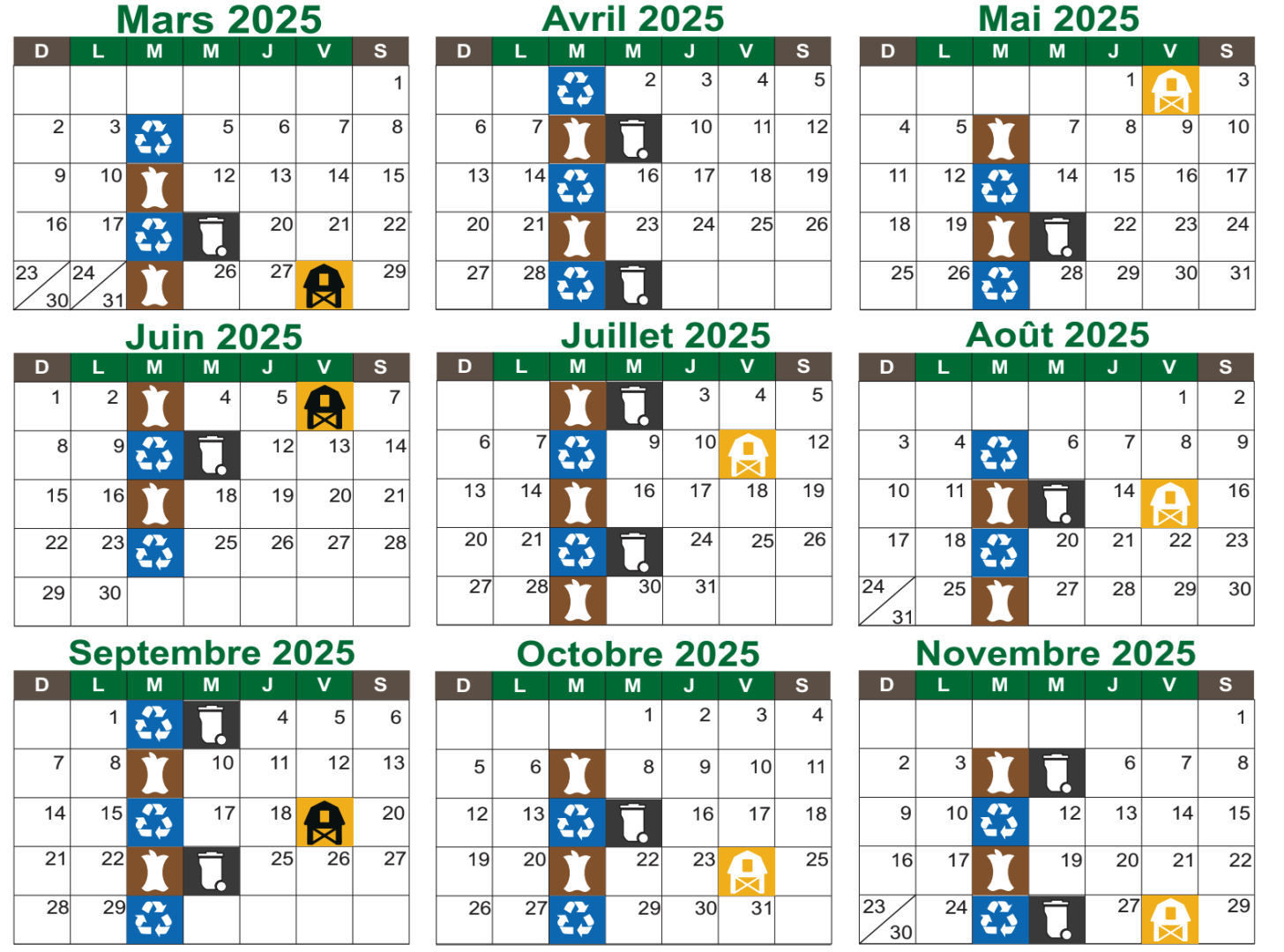 calendrier des collectes de la municipalité de Compton